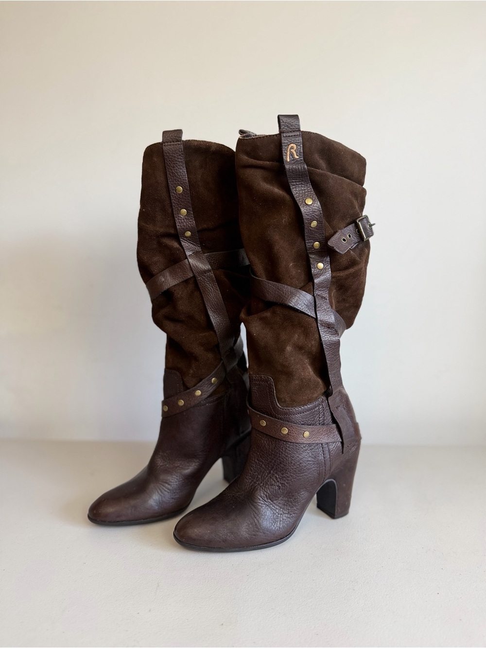 Vintage Replay WP997 Y2K Leather Suede Harness Boots Studded Brown